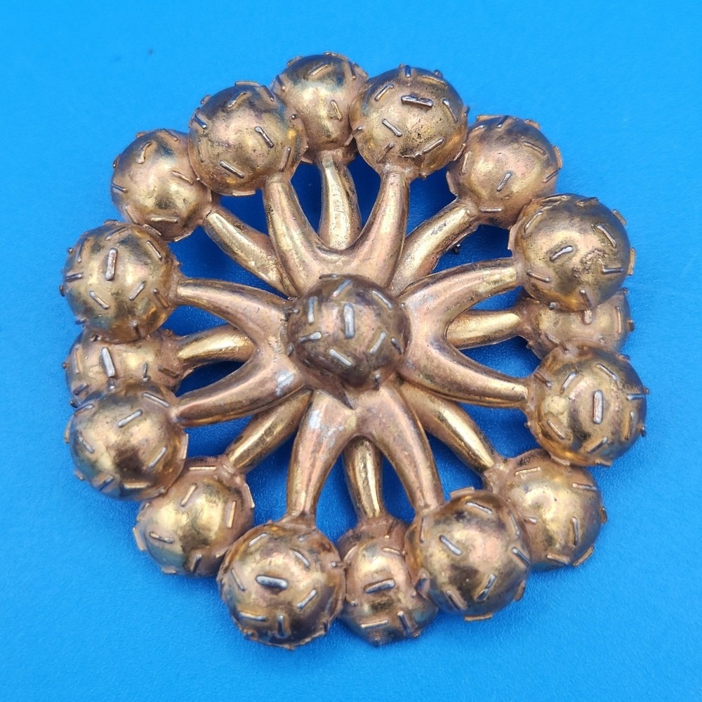 Vintage MCM Kramer Inspired Sunburst Gold Tone Textured Pod Brooch Pin